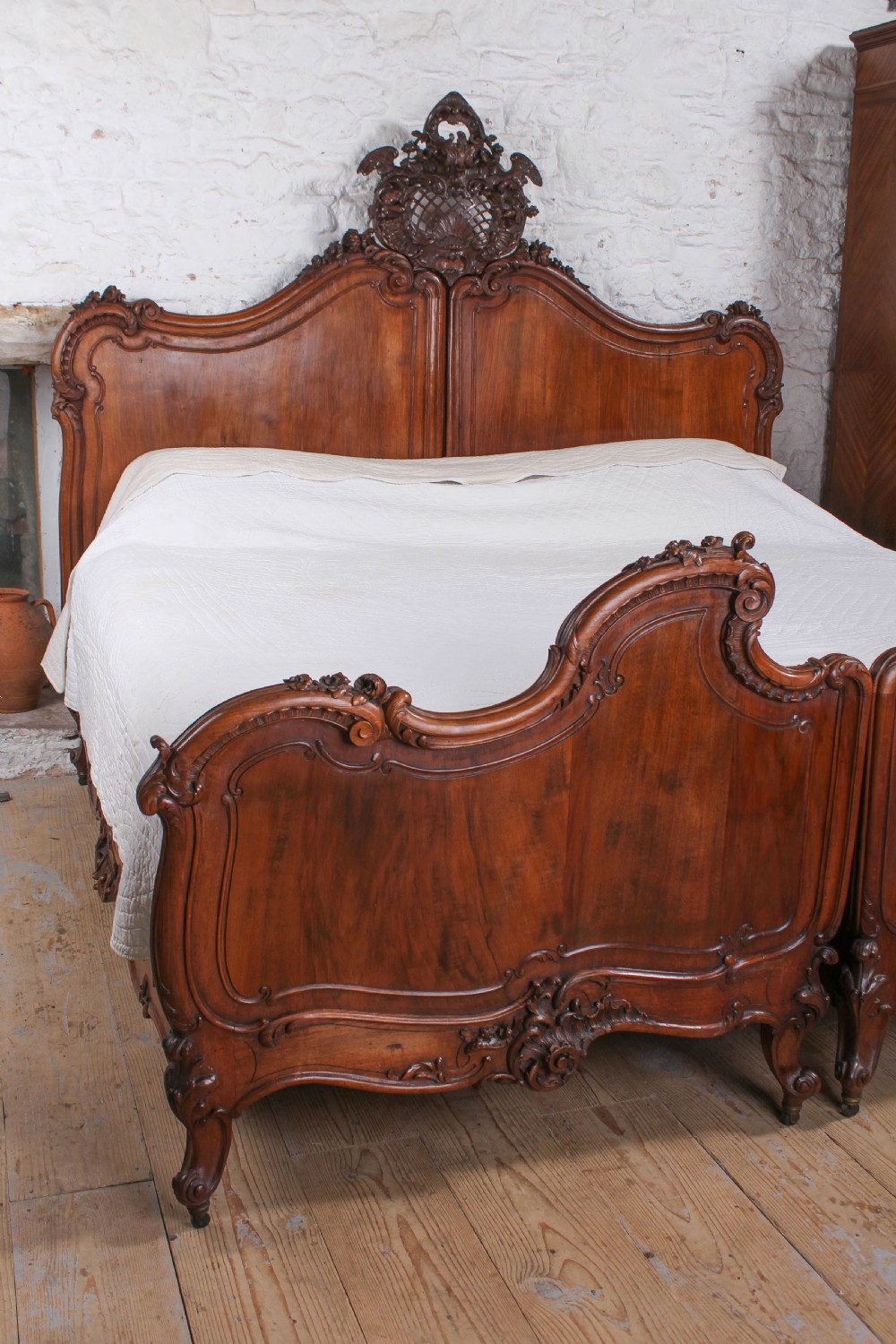 Lovely two meter wide super king size carved French walnut bed View II
