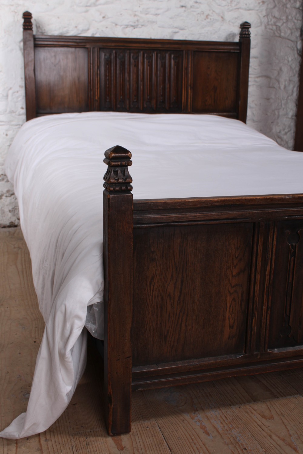 Lovely  oak double bed with linen fold detail  View V
