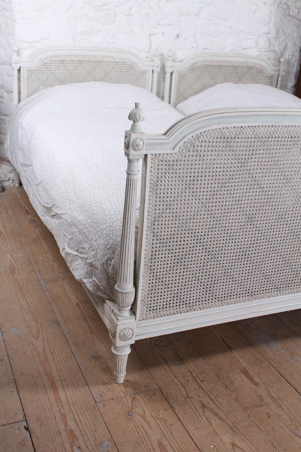 Pretty pair of French painted caned single beds View III