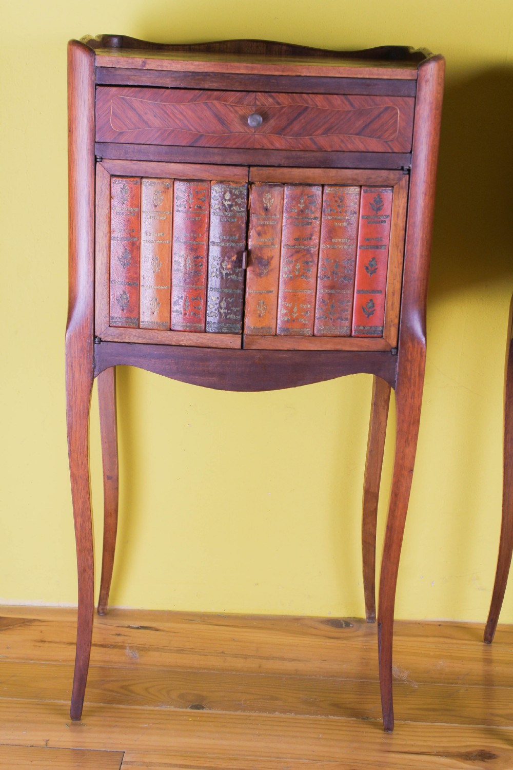 Fabulous leather book back decorated pair of French walnut bedsides View V