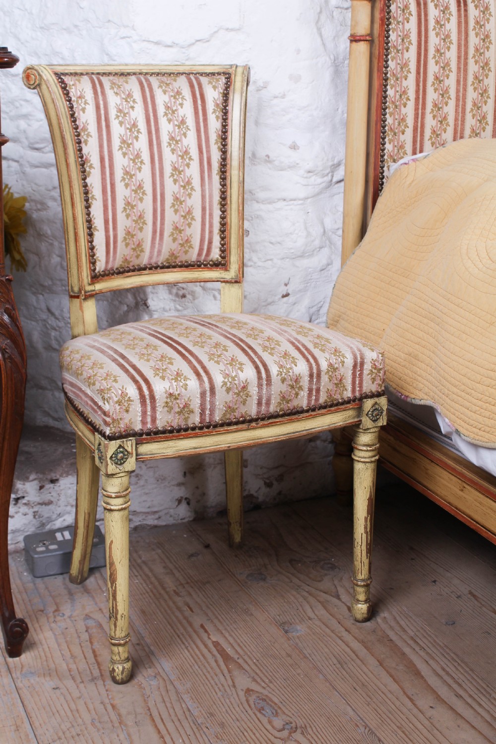 Low end French upholstered king size bed and chairs View II
