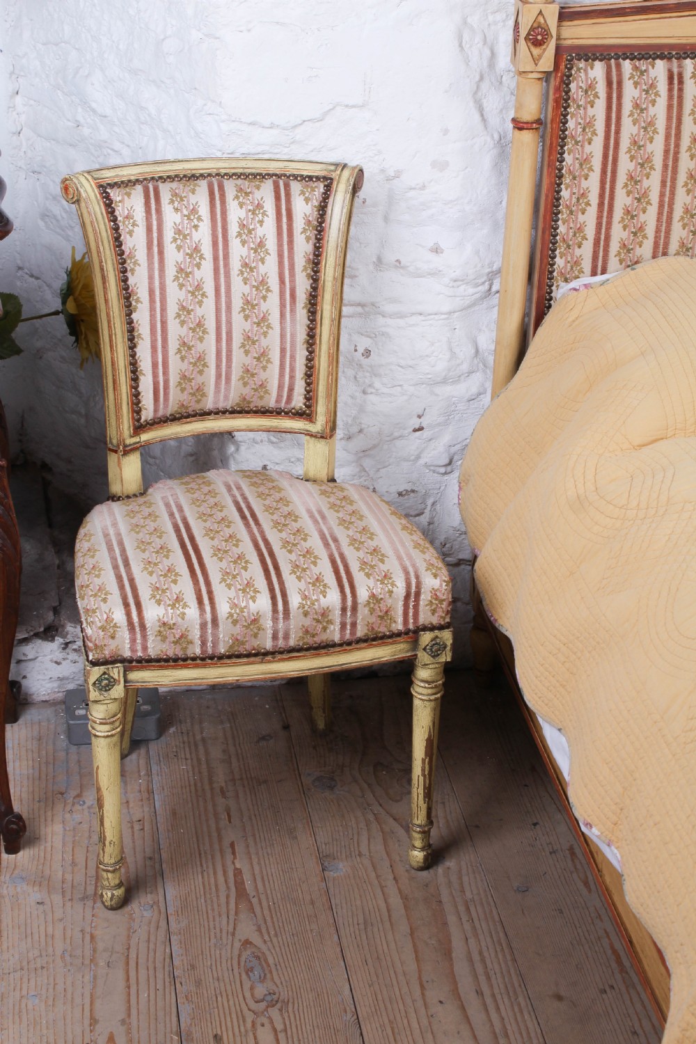 Low end French upholstered king size bed and chairs View III