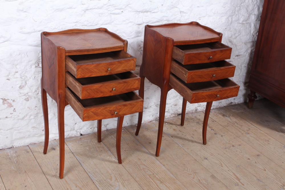 Pretty pair of walnut three drawer bedsides View III