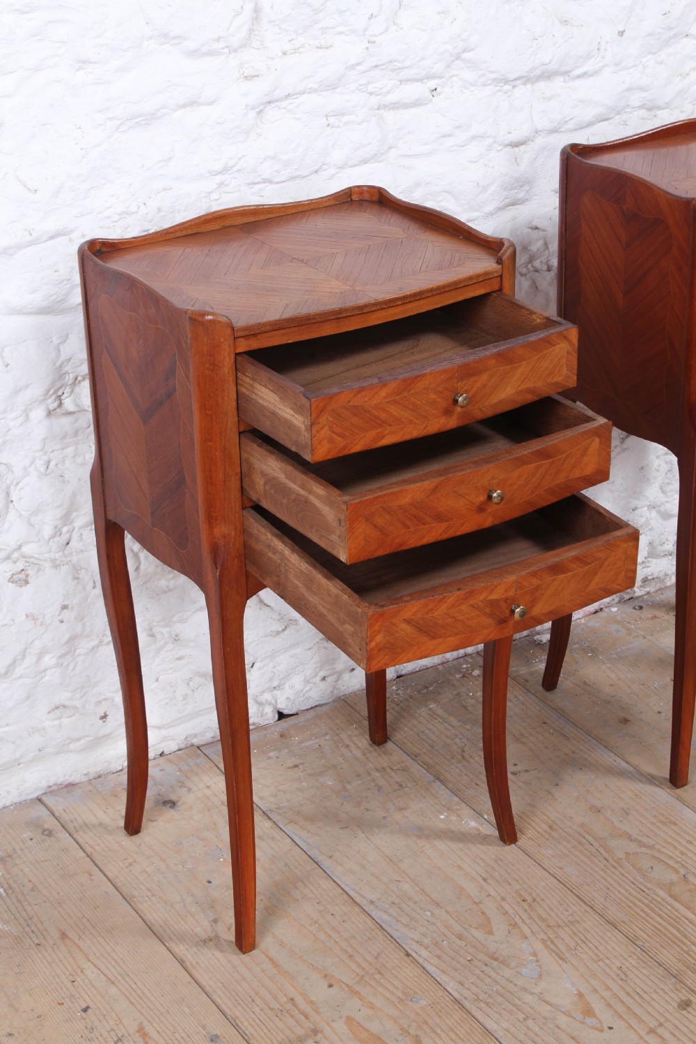 Pretty pair of walnut three drawer bedsides View IV