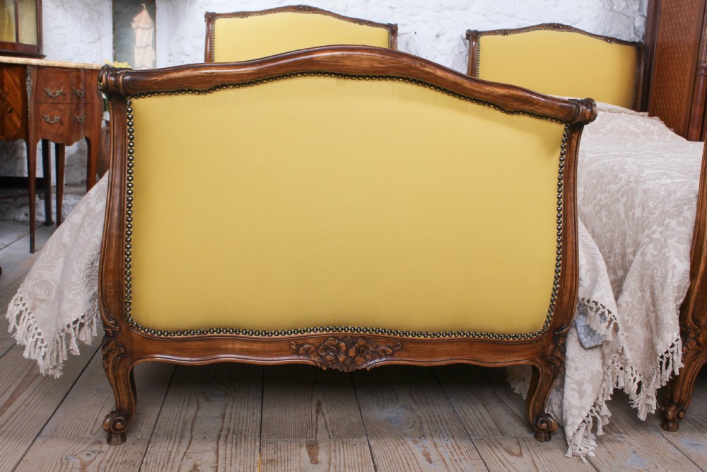 Yellow gold newly upholstered pair  French single beds View II