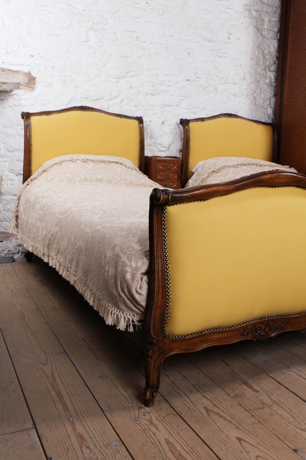 Yellow gold newly upholstered pair  French single beds View IX