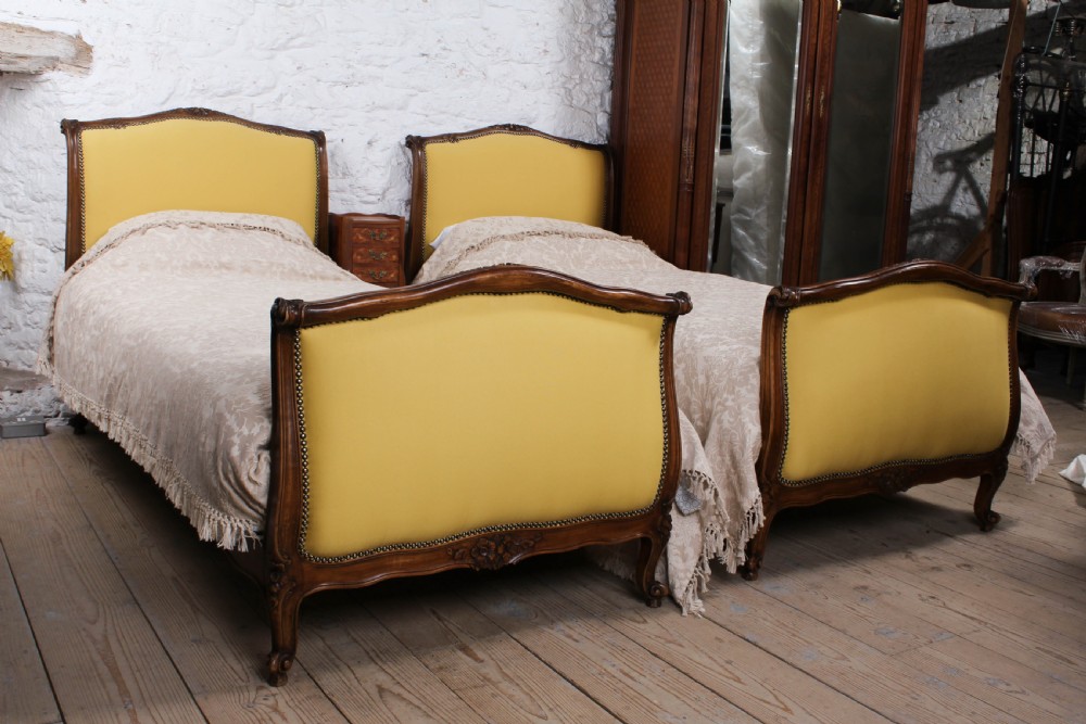 Yellow gold newly upholstered pair  French single beds View X