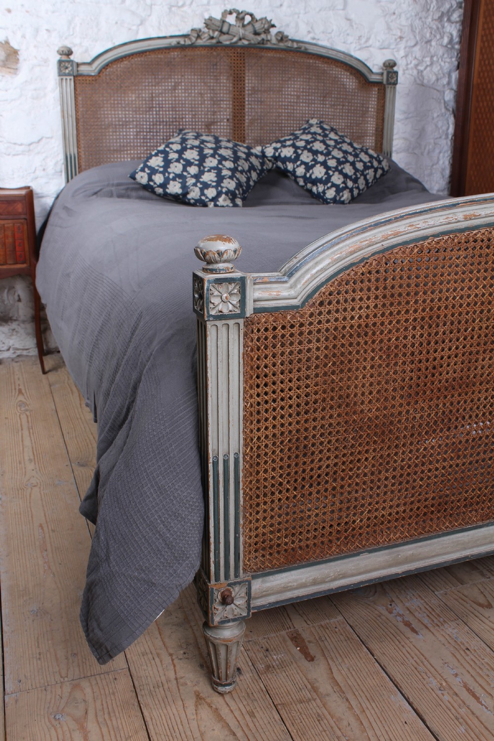 Original aged blue grey caned/bergere  French king size bed  View V