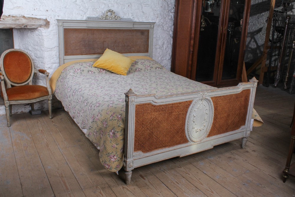 Fabulous French original aged paint king size caned bed View II