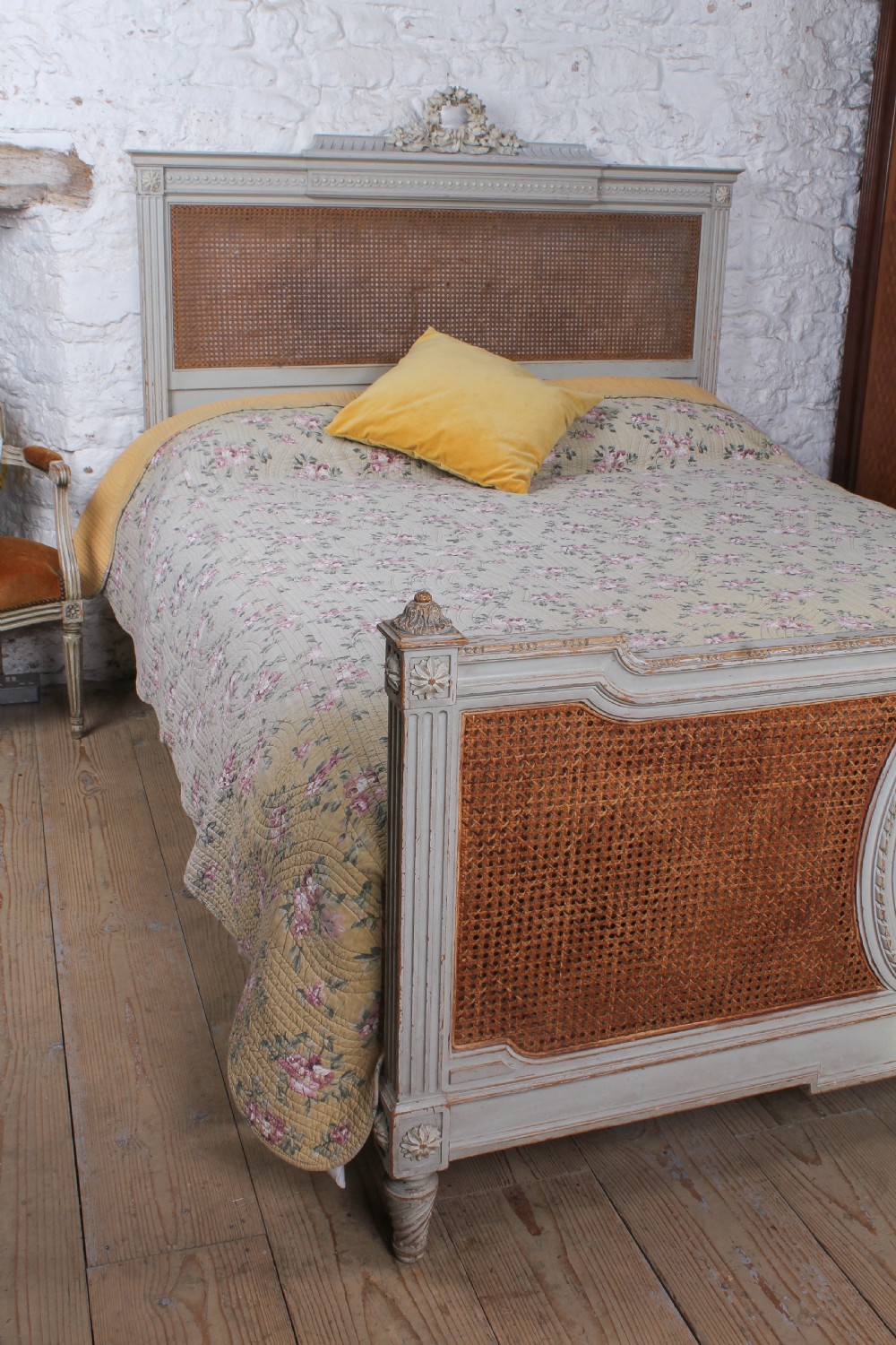 Fabulous French original aged paint king size caned bed View III