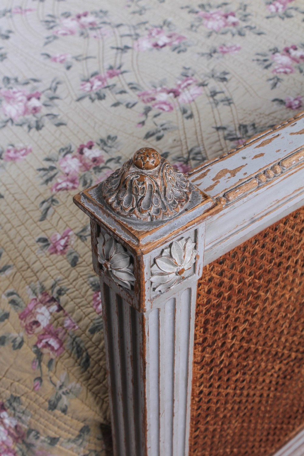 Fabulous French original aged paint king size caned bed View IV