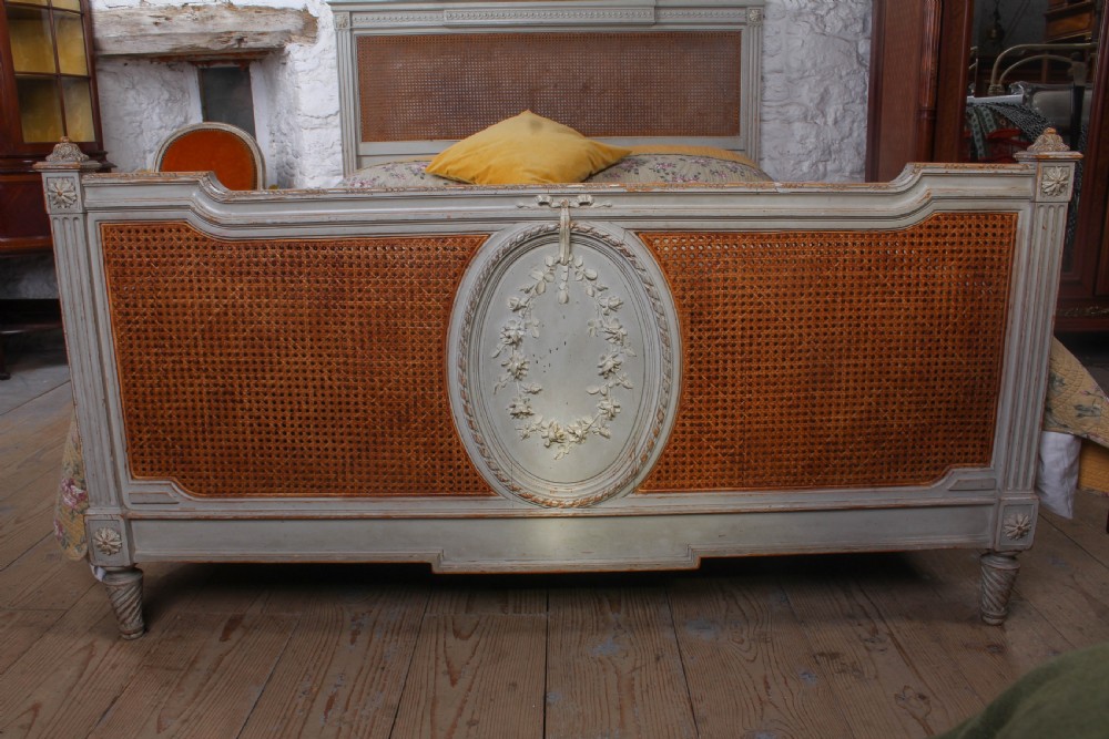 Fabulous French original aged paint king size caned bed View VI