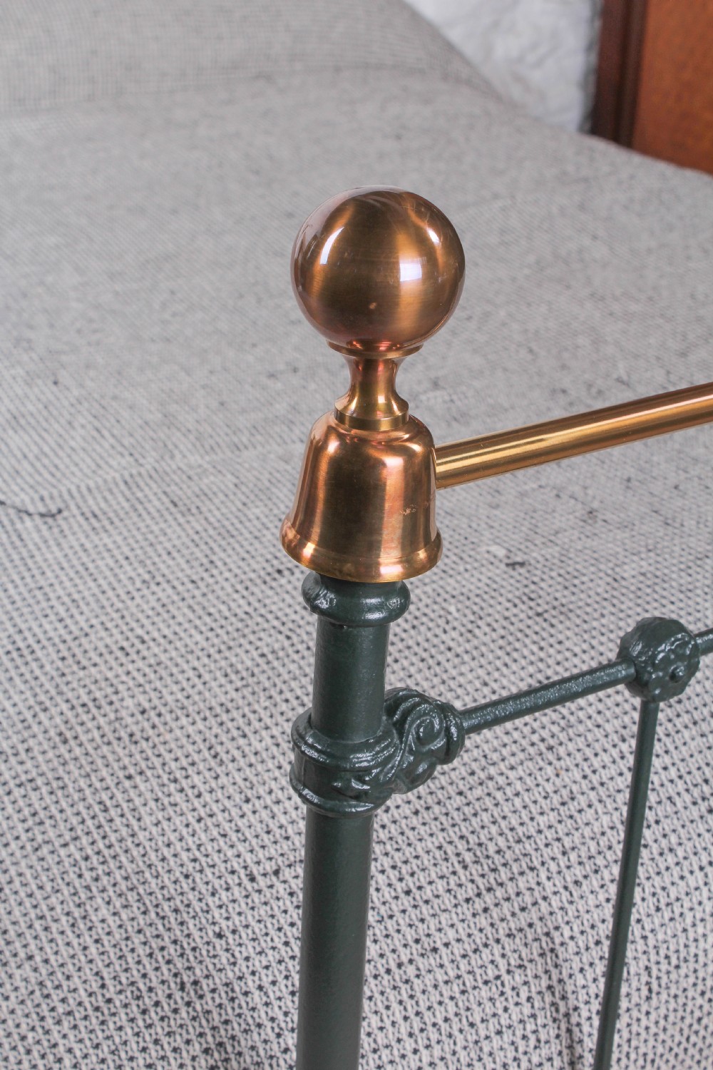 Pretty queen size green and brass Victorian bed  View II