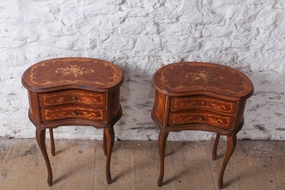 A pair of Louis XV style kidney-shaped bedside tables featuring floral marquetry inlays, two drawers, and slender cabriole legs. View III
