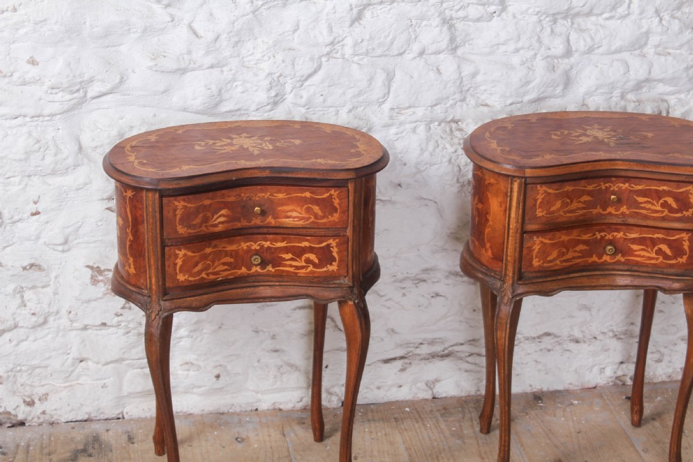 A pair of Louis XV style kidney-shaped bedside tables featuring floral marquetry inlays, two drawers, and slender cabriole legs. View VI