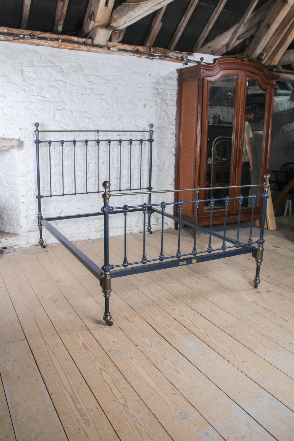 Gorgeous Victorian Iron and Antiqued Brass King Size Bed in Basalt Blue View II