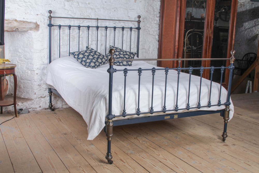 Gorgeous Victorian Iron and Antiqued Brass King Size Bed in Basalt Blue View III