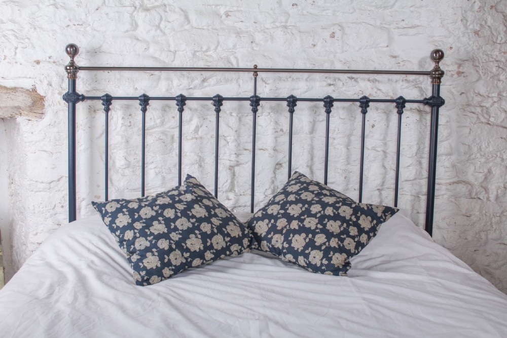 Gorgeous Victorian Iron and Antiqued Brass King Size Bed in Basalt Blue View IV