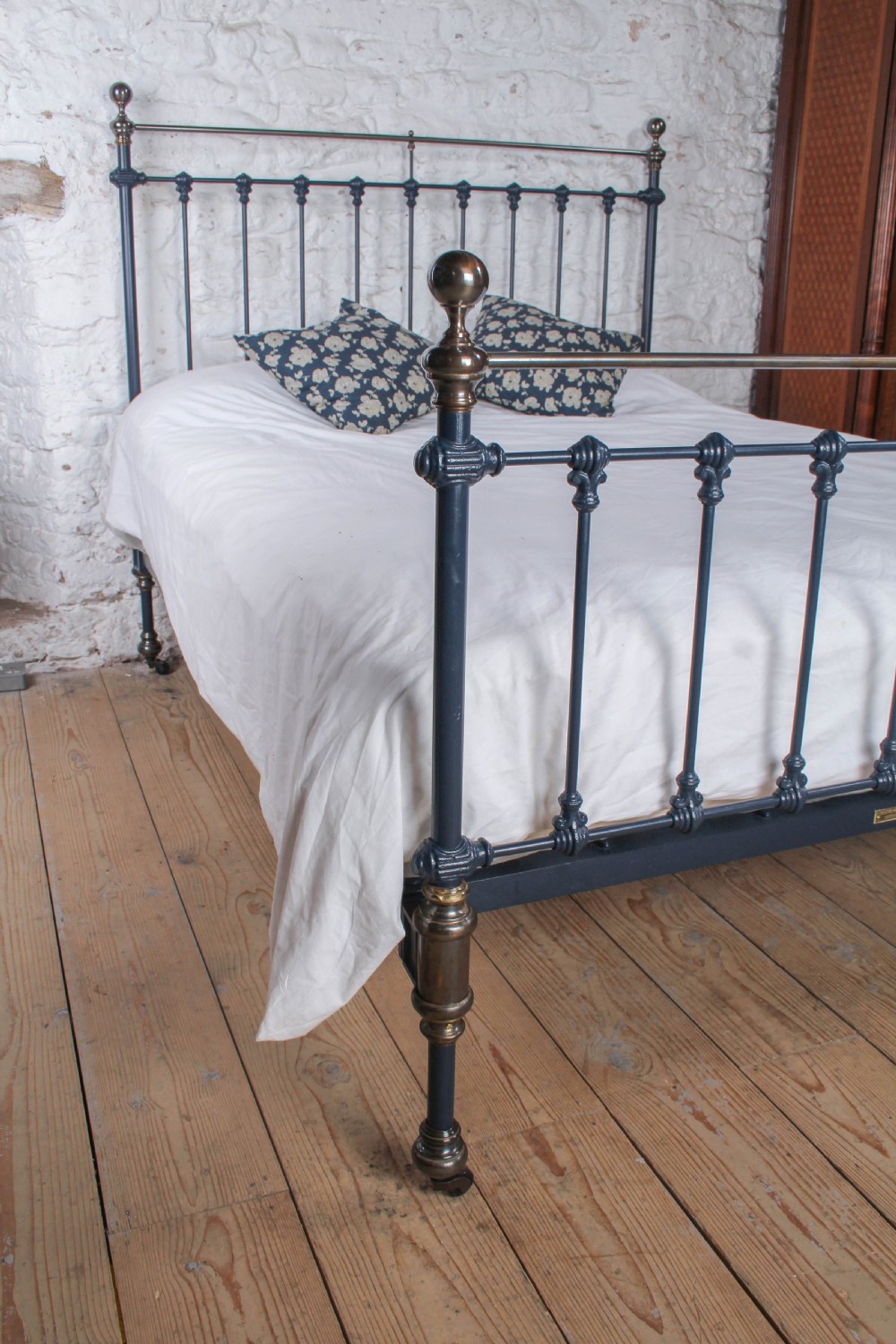 Gorgeous Victorian Iron and Antiqued Brass King Size Bed in Basalt Blue View V
