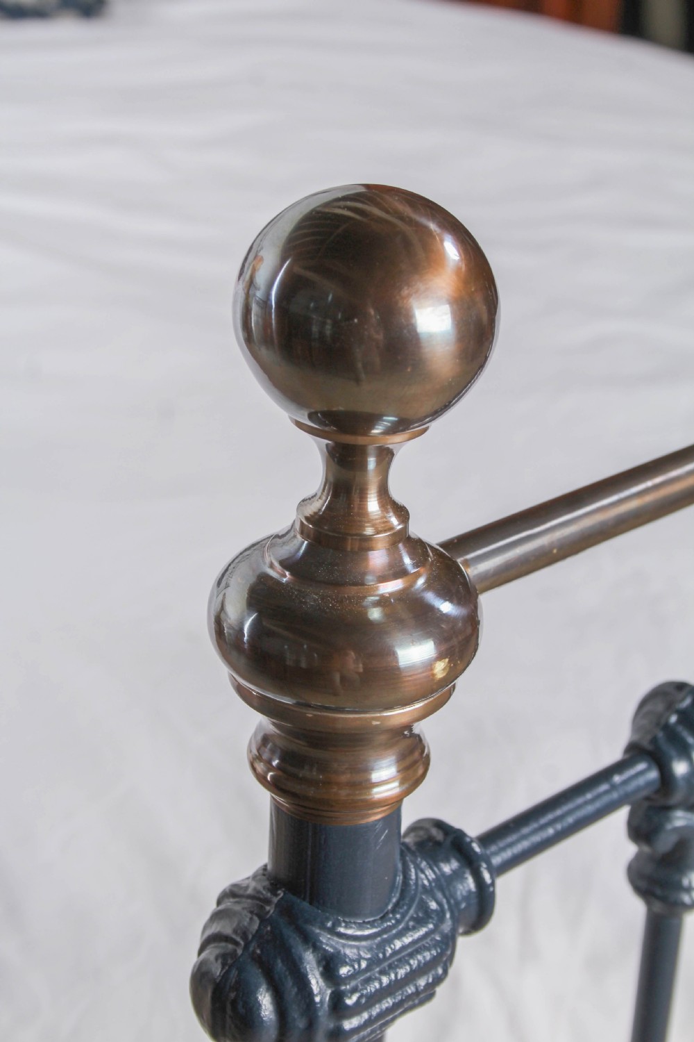 Gorgeous Victorian Iron and Antiqued Brass King Size Bed in Basalt Blue View VI