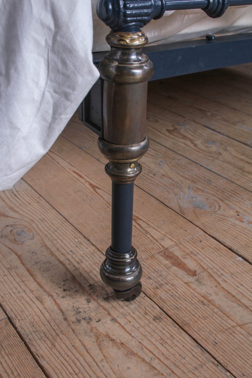 Gorgeous Victorian Iron and Antiqued Brass King Size Bed in Basalt Blue View VII
