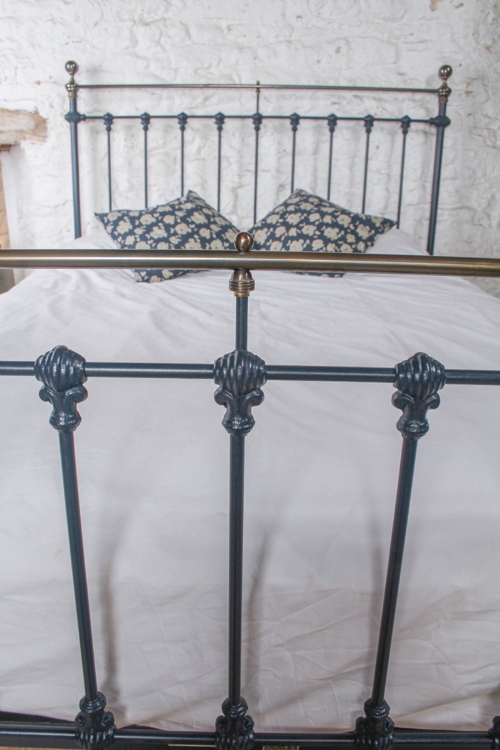 Gorgeous Victorian Iron and Antiqued Brass King Size Bed in Basalt Blue View XI