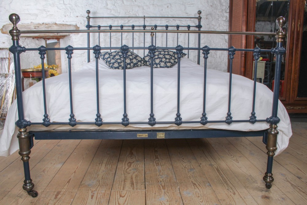 Gorgeous Victorian Iron and Antiqued Brass King Size Bed in Basalt Blue View XII