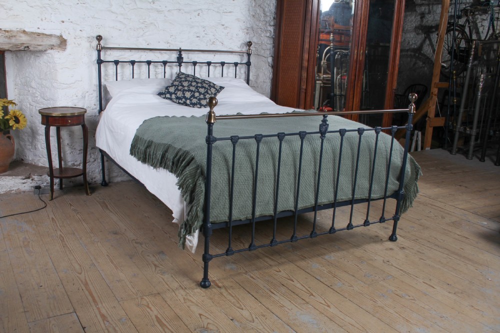 Stately King Size Edwardian Iron and Brass Bed in Basalt Blue