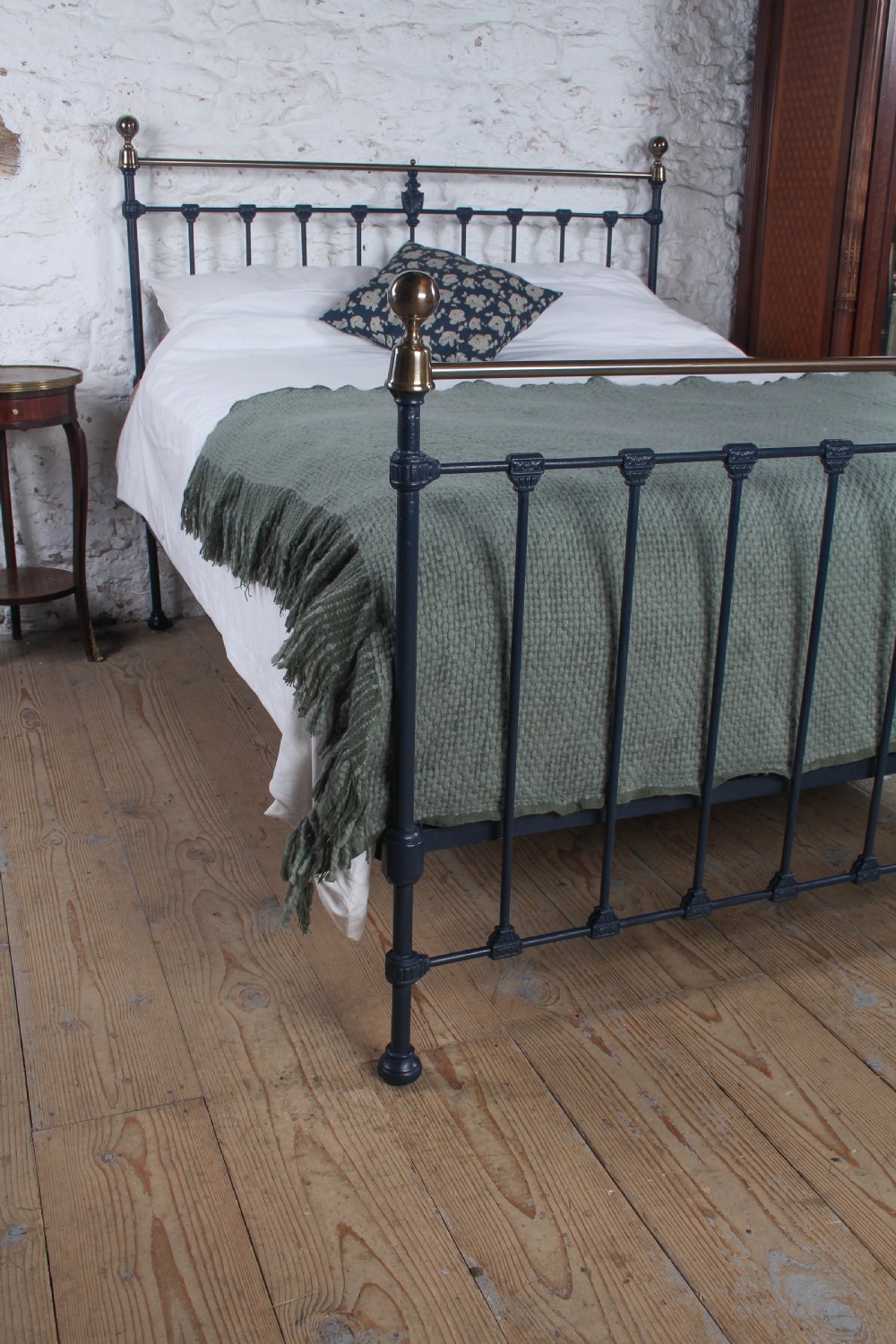 Stately King Size Edwardian Iron and Brass Bed in Basalt Blue View II