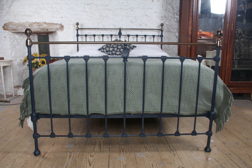 Stately King Size Edwardian Iron and Brass Bed in Basalt Blue View VI