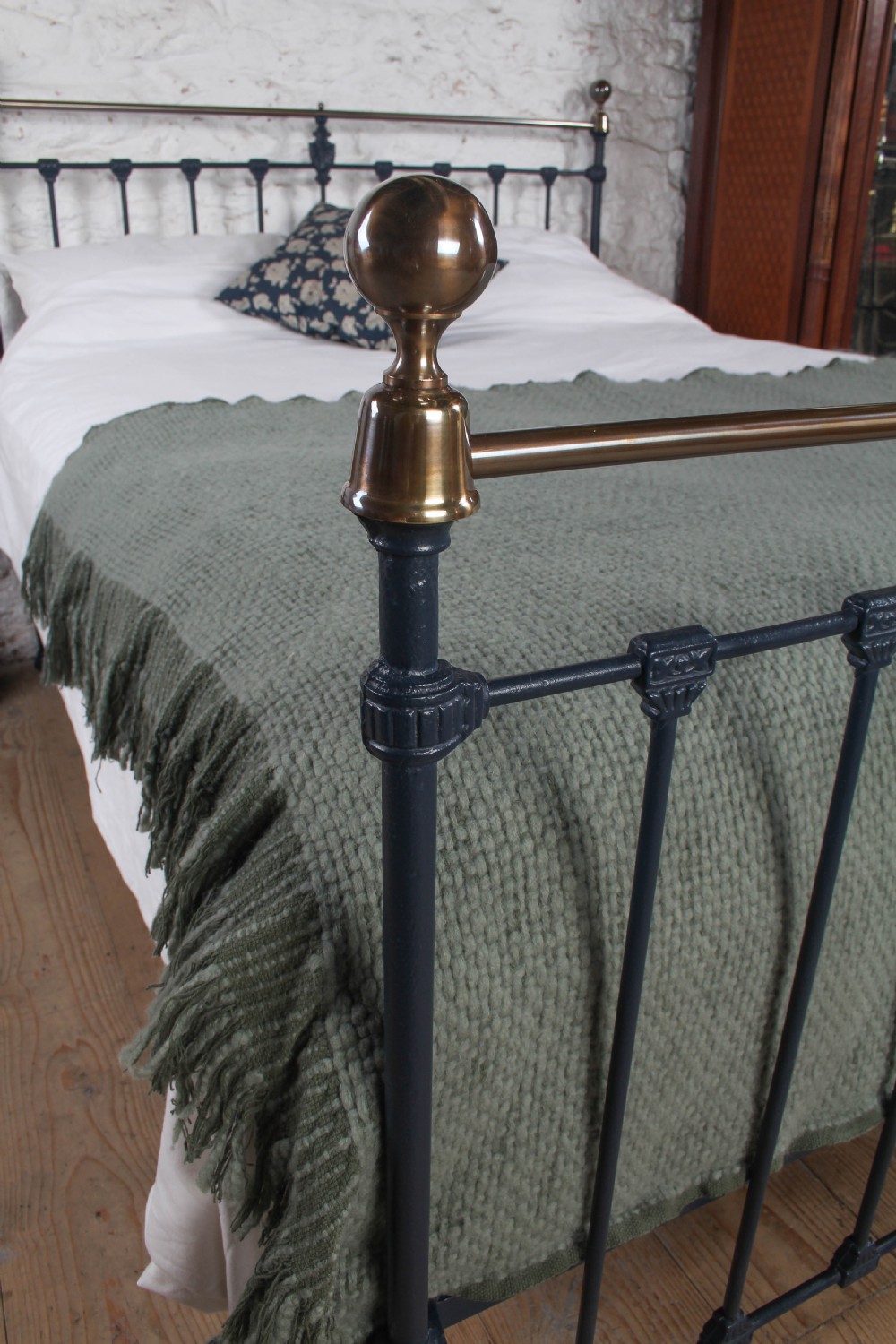 Stately King Size Edwardian Iron and Brass Bed in Basalt Blue View VII