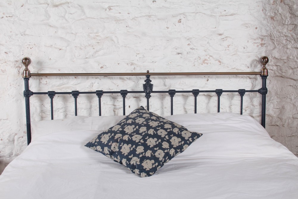 Stately King Size Edwardian Iron and Brass Bed in Basalt Blue View VIII