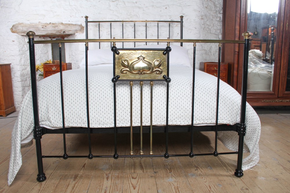 Lovely All Original Art Nouveaux Style Iron and Brass Double Bed  View II