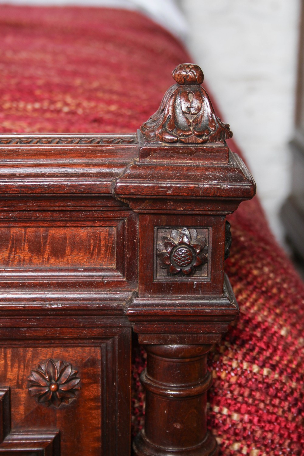 A French Louis XVI style carved mahogany king size bedstead with flame mahogany panelled footboard. View VII