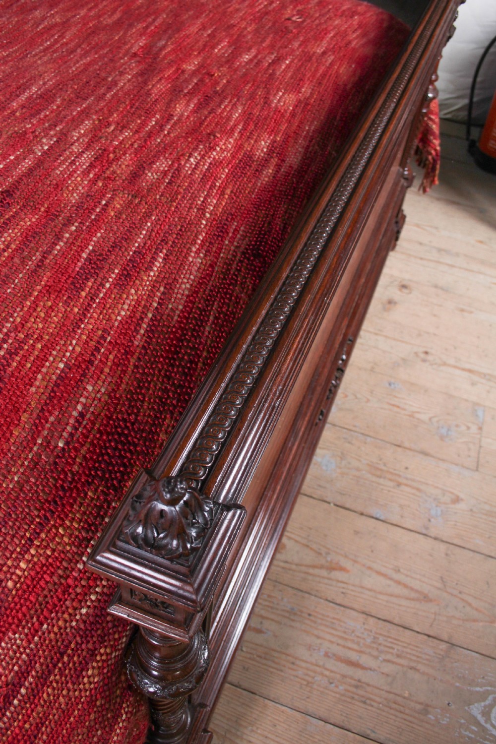 A French Louis XVI style carved mahogany king size bedstead with flame mahogany panelled footboard. View XIII