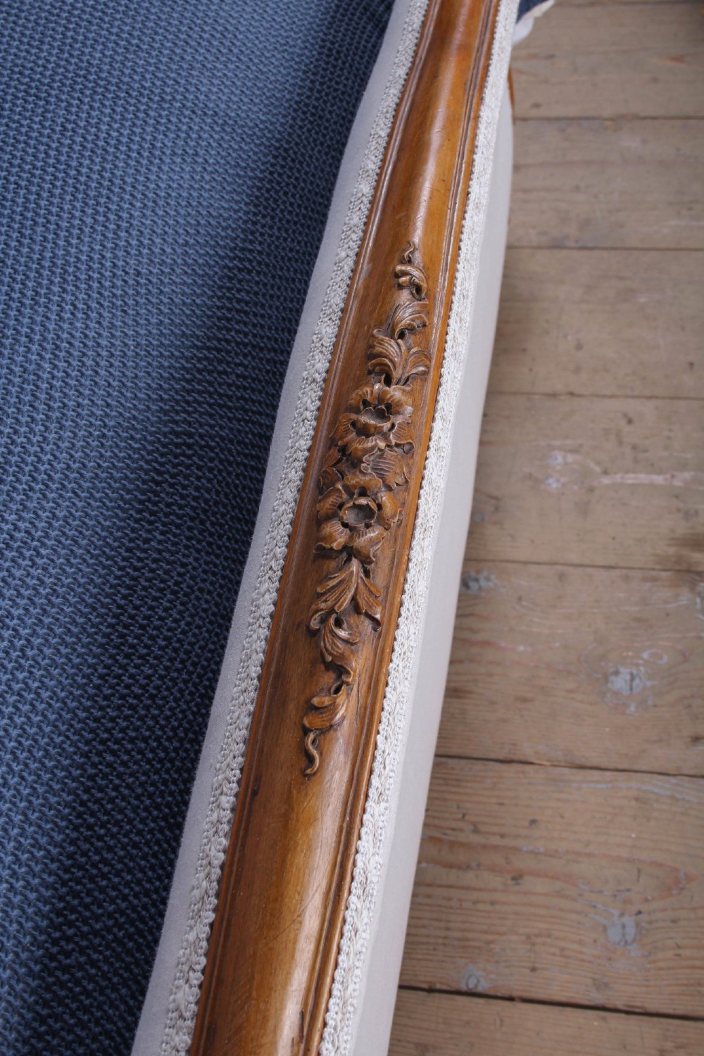 A Louis XV style king-size bed frame featuring a carved wooden structure, cabriole feet, and neutral upholstered headboard and footboard panels. View VIII