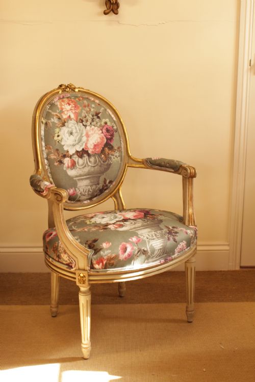 A 19th C. French Painted & Gilt Open Arm Chair