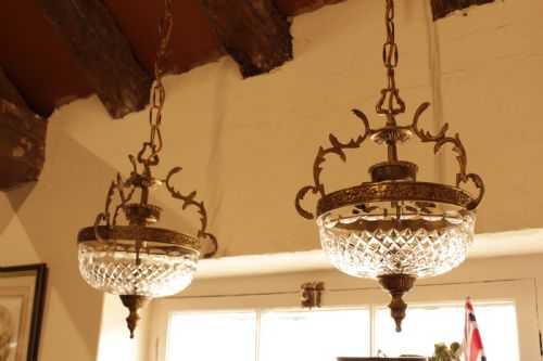 A Pair of Brass & Crystal Bowl Ceiling Lights