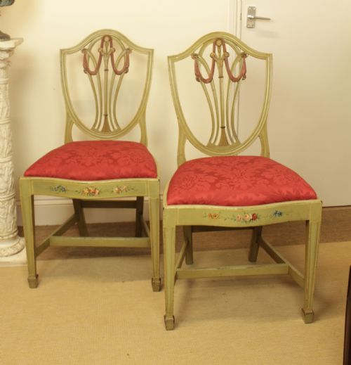 A Pair of Late 19th C. Mahogany Polychrome Painted Shield Back Chairs