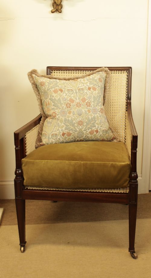 A Edwardian Mahogany Bergere/cane Chair with Deep Velvet Seat Cushion