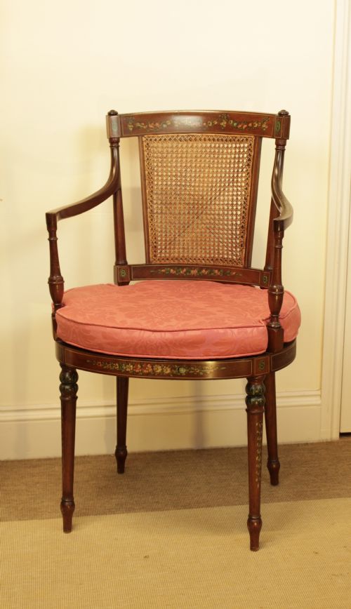 A Very Pretty Edwardian Mahogany Bergere Painted Open Arm Chair