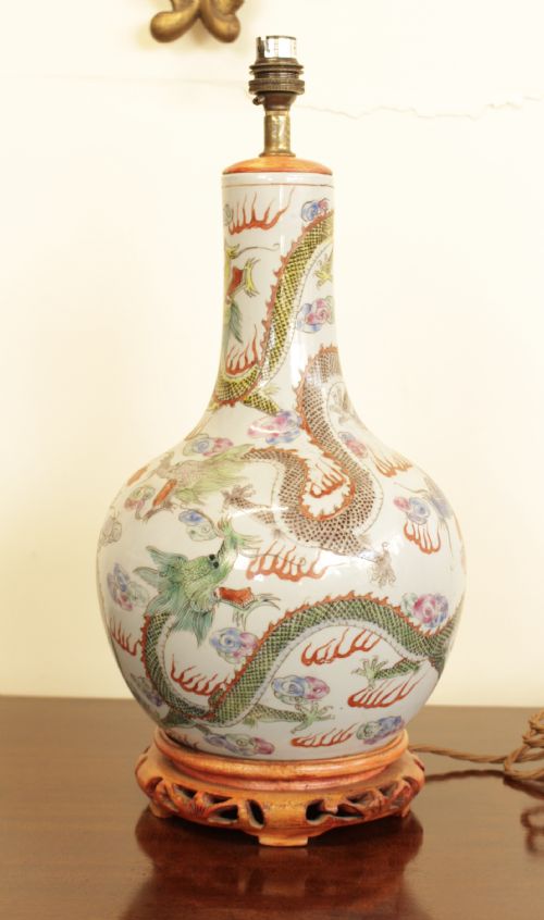 A Large Chinese Vase Decorated with Dragon's Converted Table Lamp