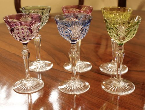 A Set of Six Cut Crystal Coloured Glasses