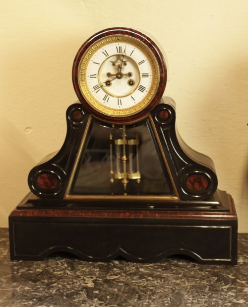 Antique French Clock; Marble & Polished Slate Mantle