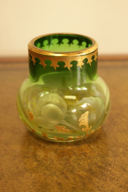A Beautiful Gilt and Etched Green Glass Vase