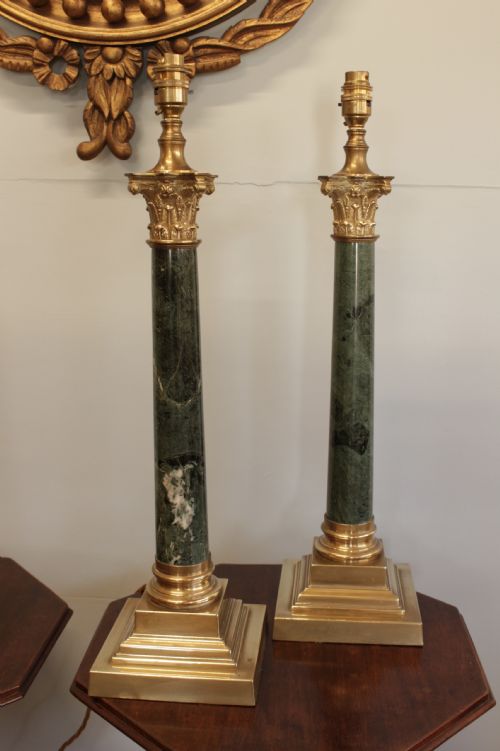 A Quality Pair of Corinthian Marble & Brass Table Lamps