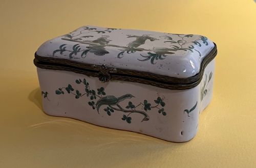 Late 18th C. French Faience Box with Chinoiserie Decoration.
