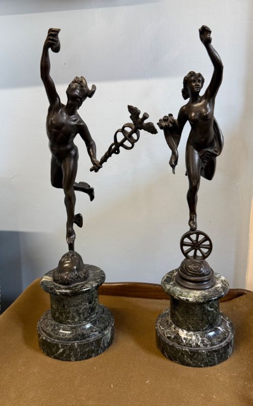 A Pair of 19th Century Bronze Classical Figures on Marble Bases