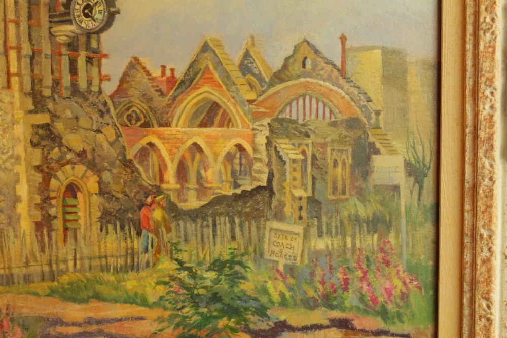 An architectural oil painting on board depicting Saint George Church in Canterbury, housed within a heavily ornate swept gilt frame. View III