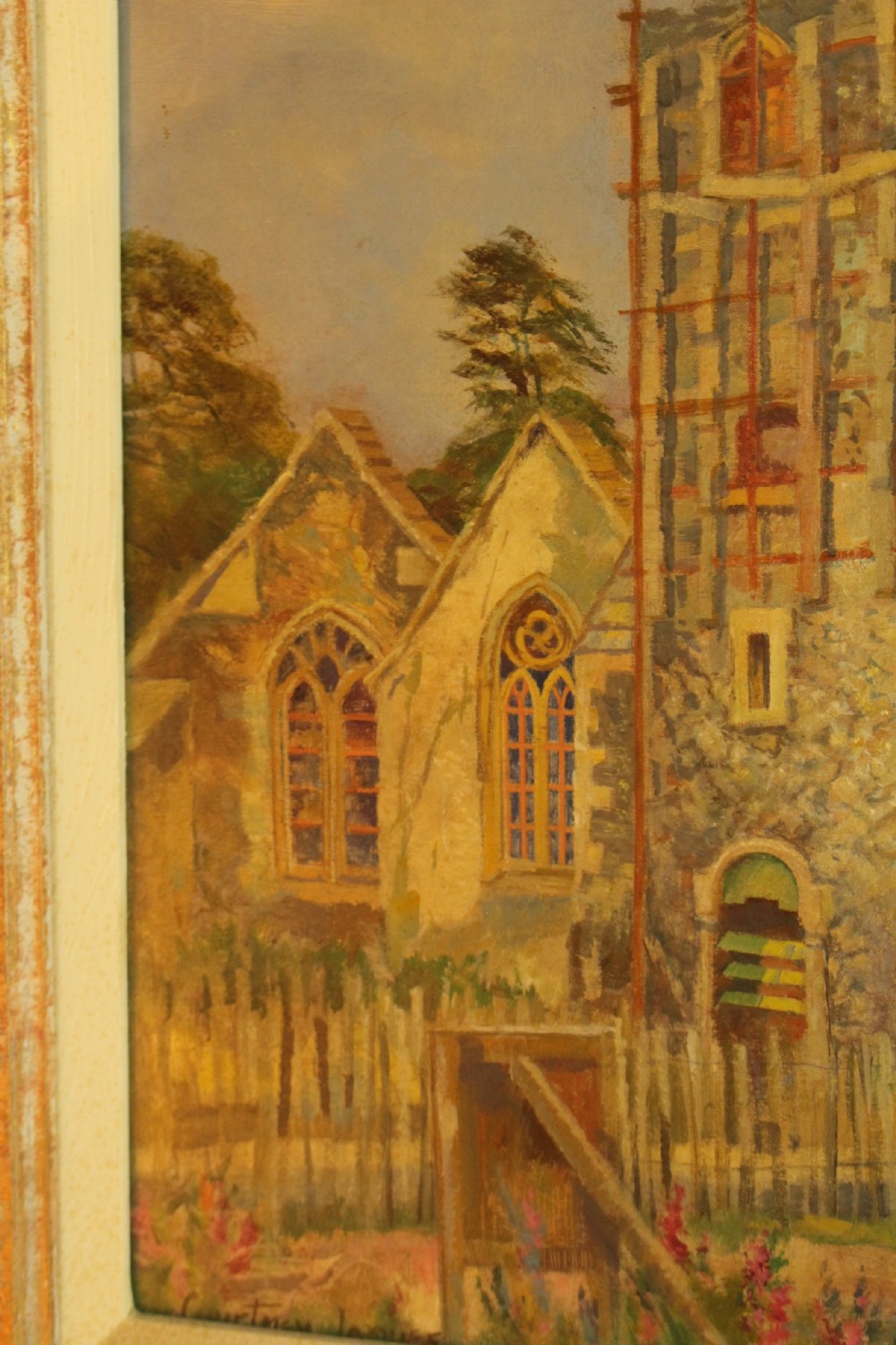 An architectural oil painting on board depicting Saint George Church in Canterbury, housed within a heavily ornate swept gilt frame. View IV